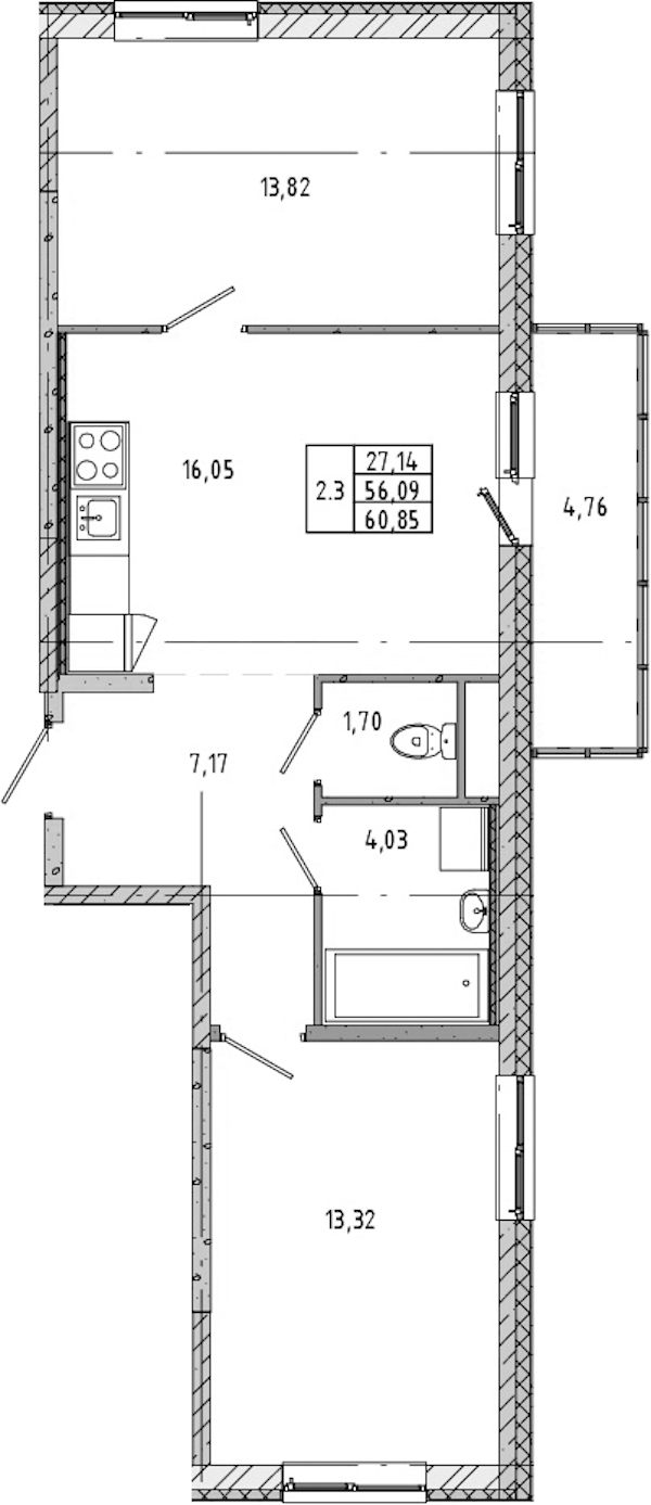 2-комнатная квартира 57.57 м², 4/12 эт., ЖК «Новые горизонты 2»